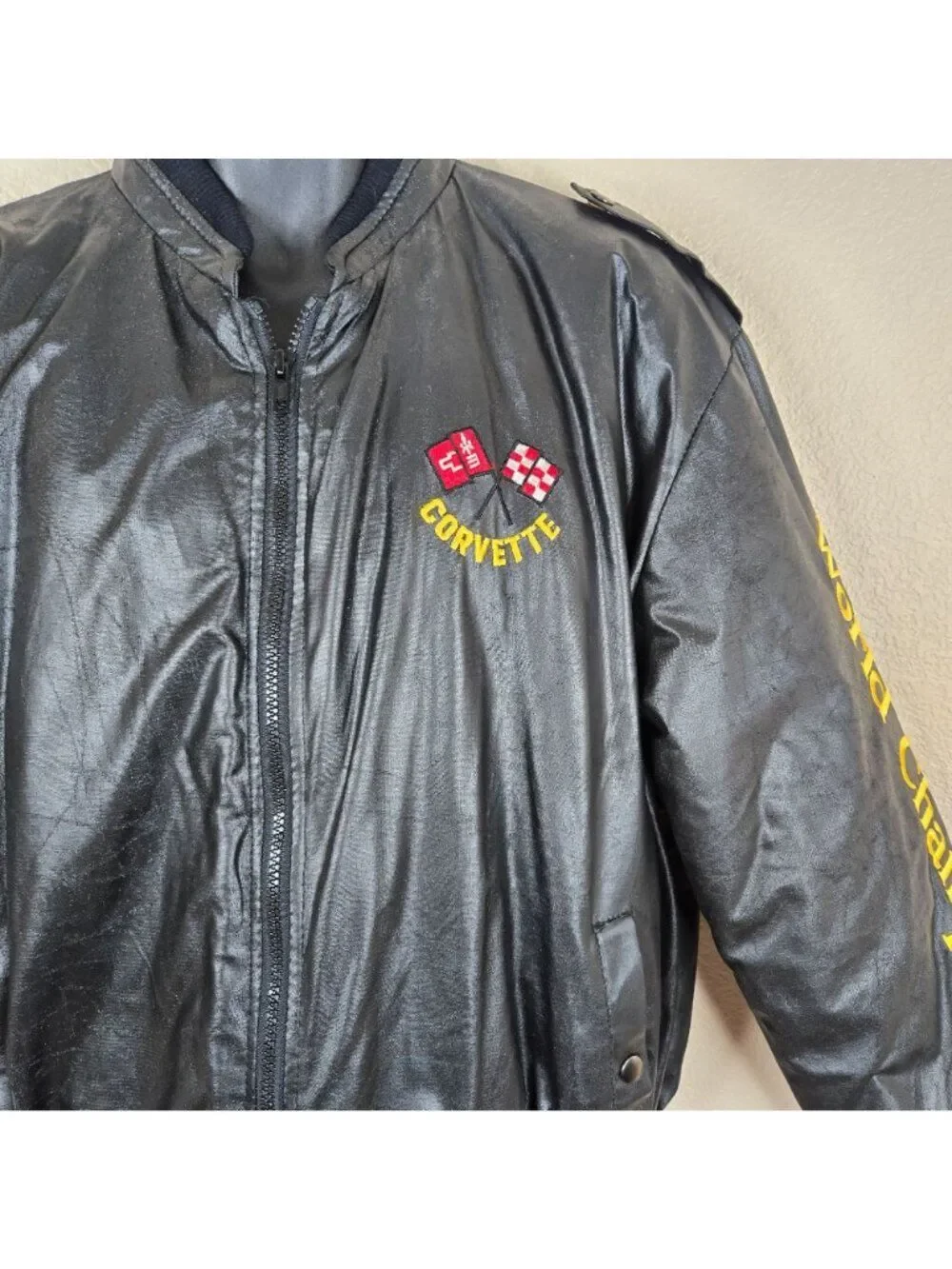 Vintage 80s Chevy Corvette Black Bomber Jacket Patches Mens Size XL Quilted